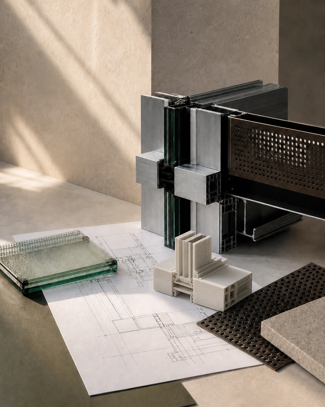 Technische Materialstudie mit Fassadenprofil, Glas, Metallmustern, Konstruktionszeichnung und vereinfachtem FDM-Profilmuster